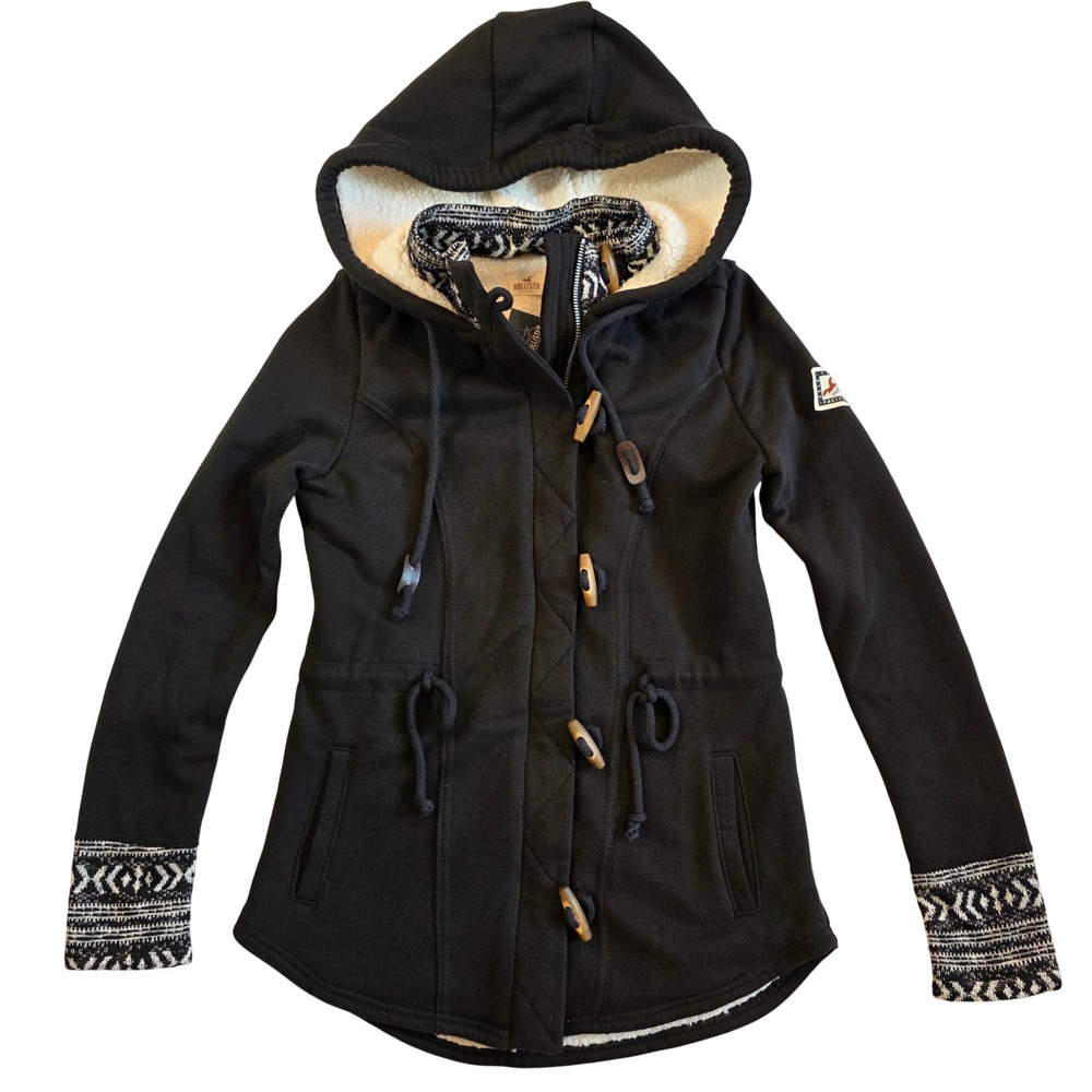 Hollister Black Sherpa Lined Toggle Hooded Jacket Fair Isle Y2K NWT Small